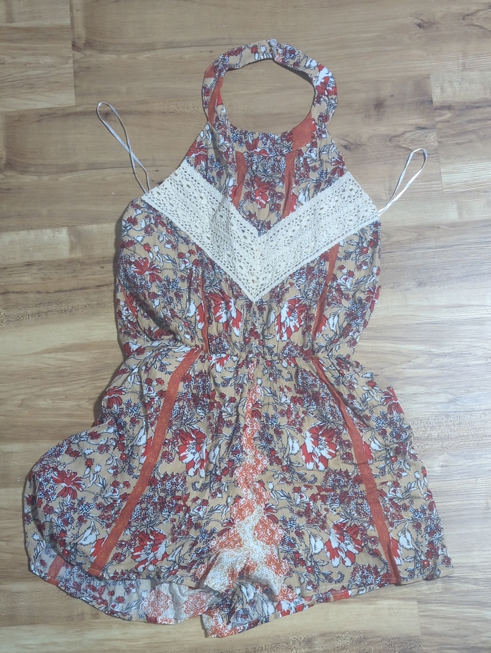 Blue Rain Halter Floral Romper in Beige & Rust